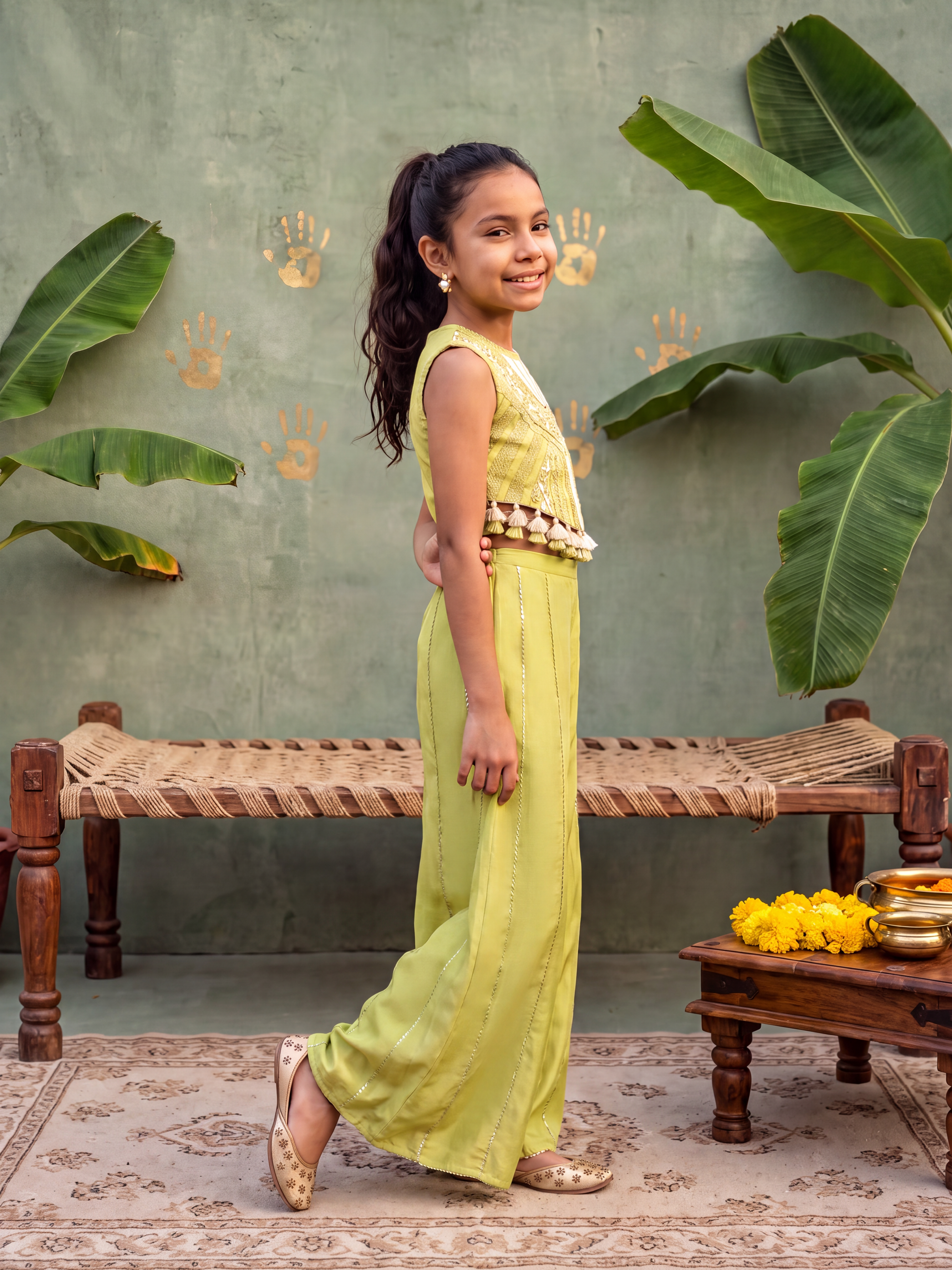 Lime green Embellished Top and Pants