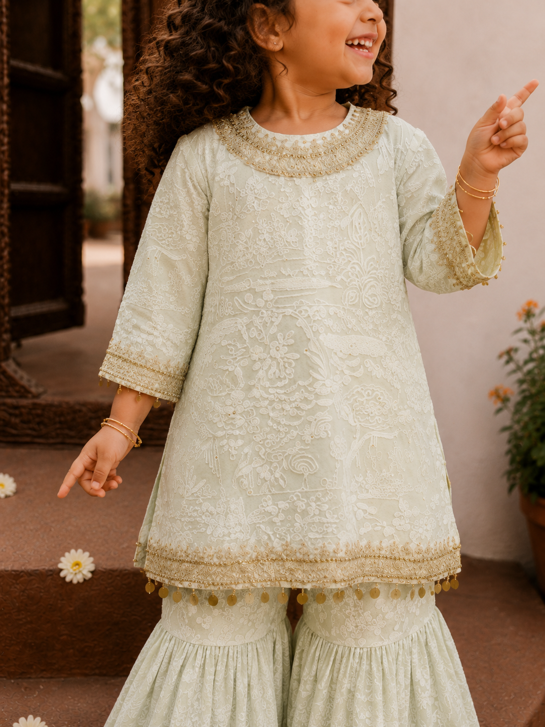 Baby Mint Green Lakhnavi Kurta Set