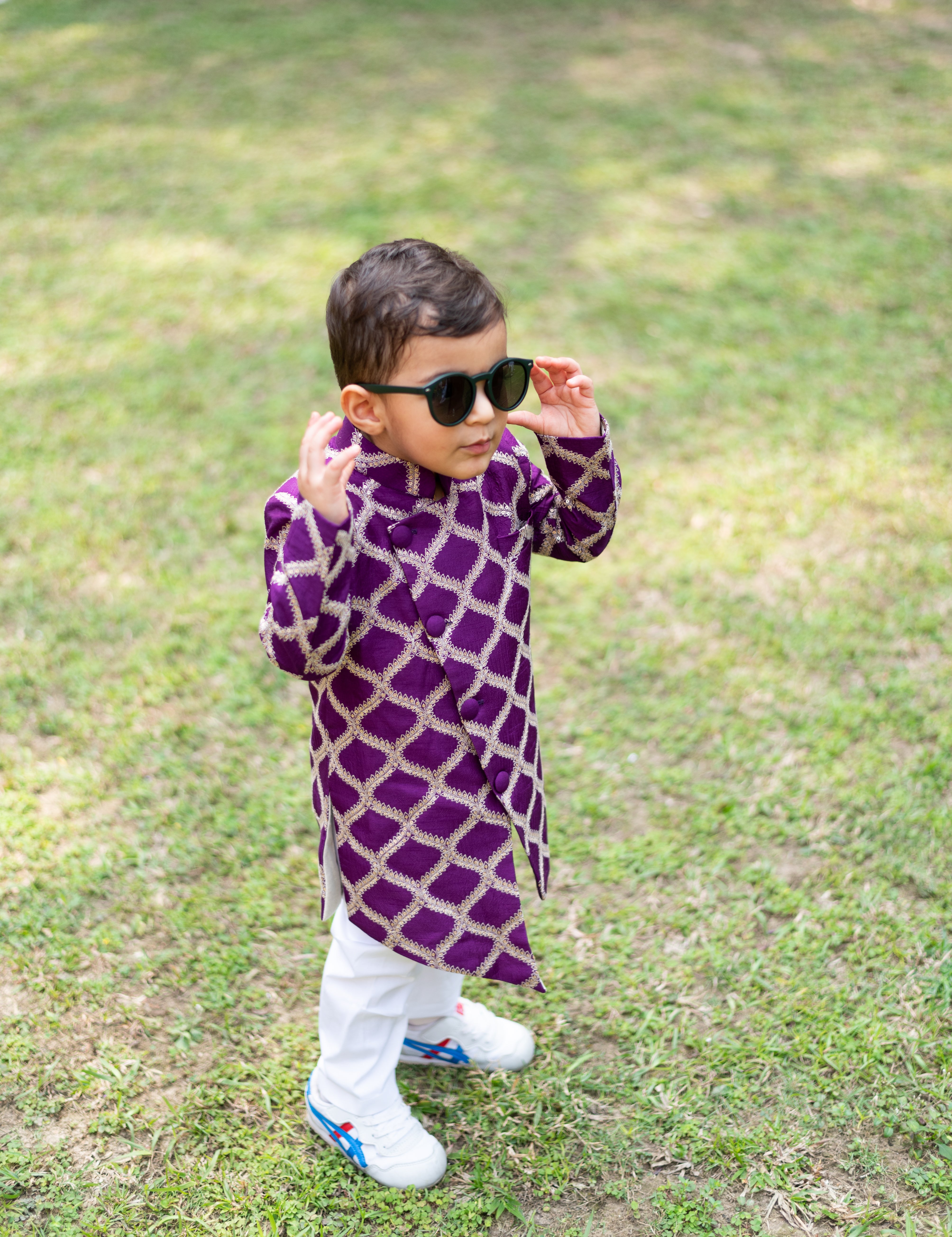 Elegant Purple Front Open Asymmetric Sherwani And Pyjama