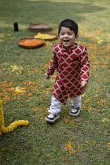 Elegant Red Front Open Asymmetric Sherwani And Pyjama