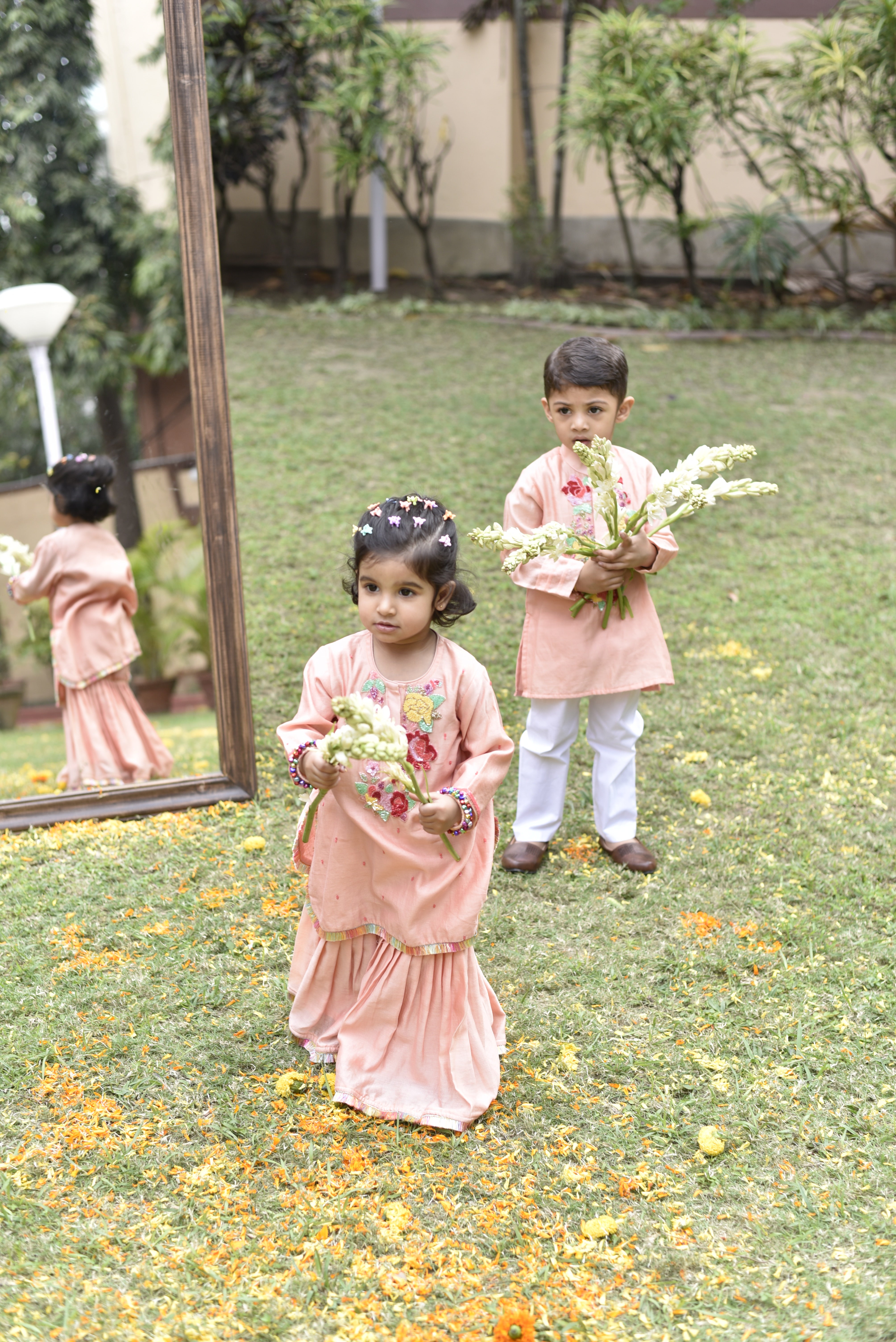 Peach Fringed Hem Kurti And Pleated Sharara