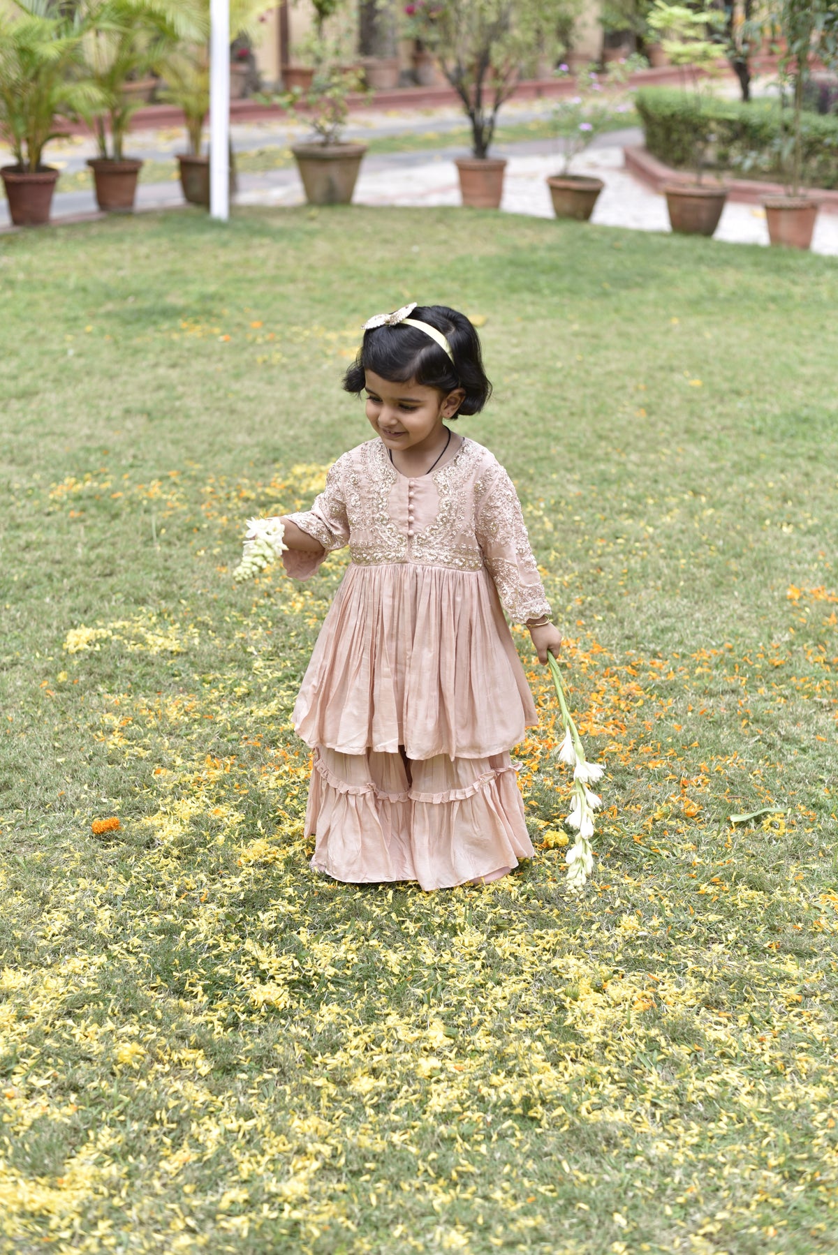 Embroidered Yoke Stylish Sleeves Peach Top And Sharara