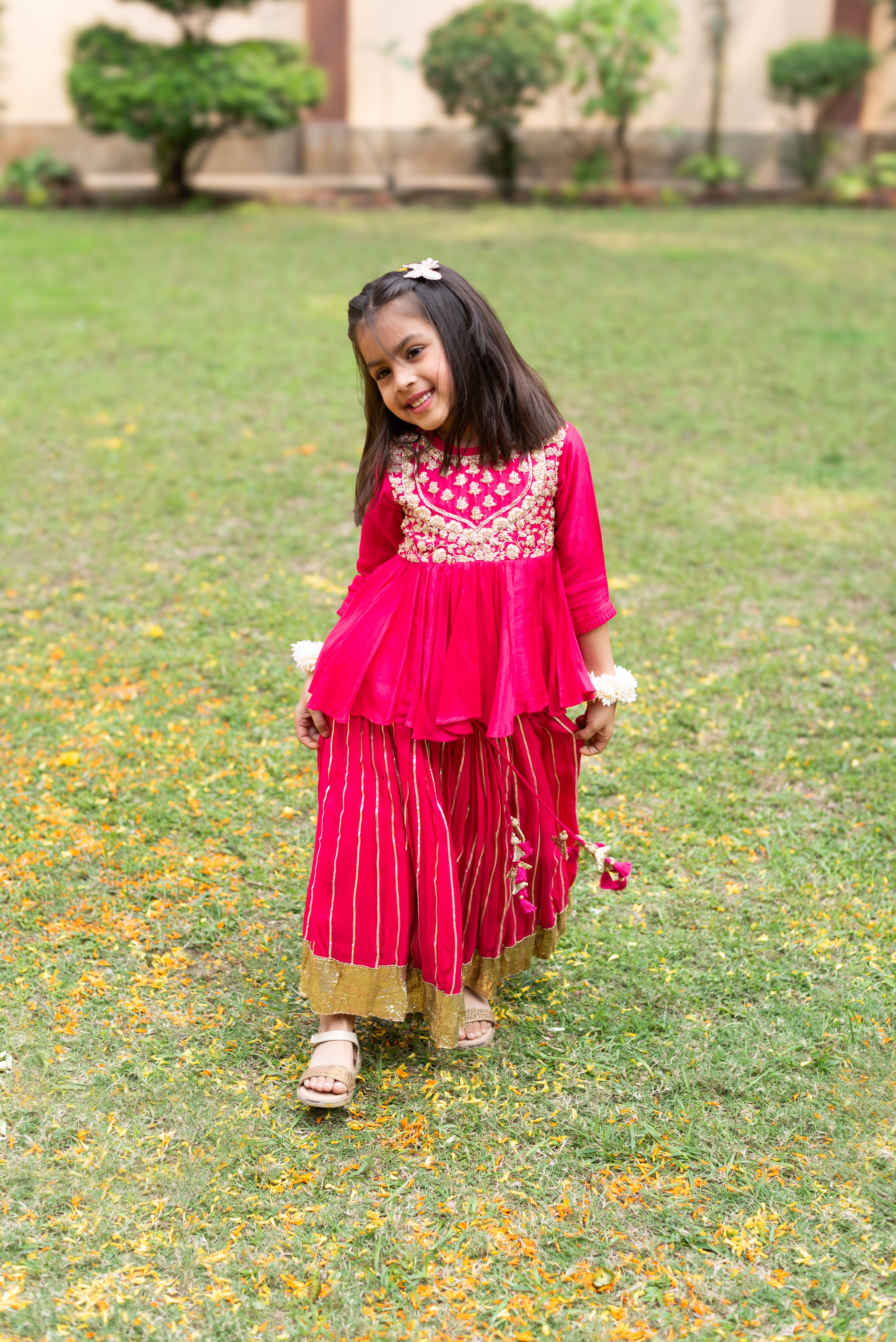 Hot Pink Heavy Embroidered Peplum And Gota Line Ghagara