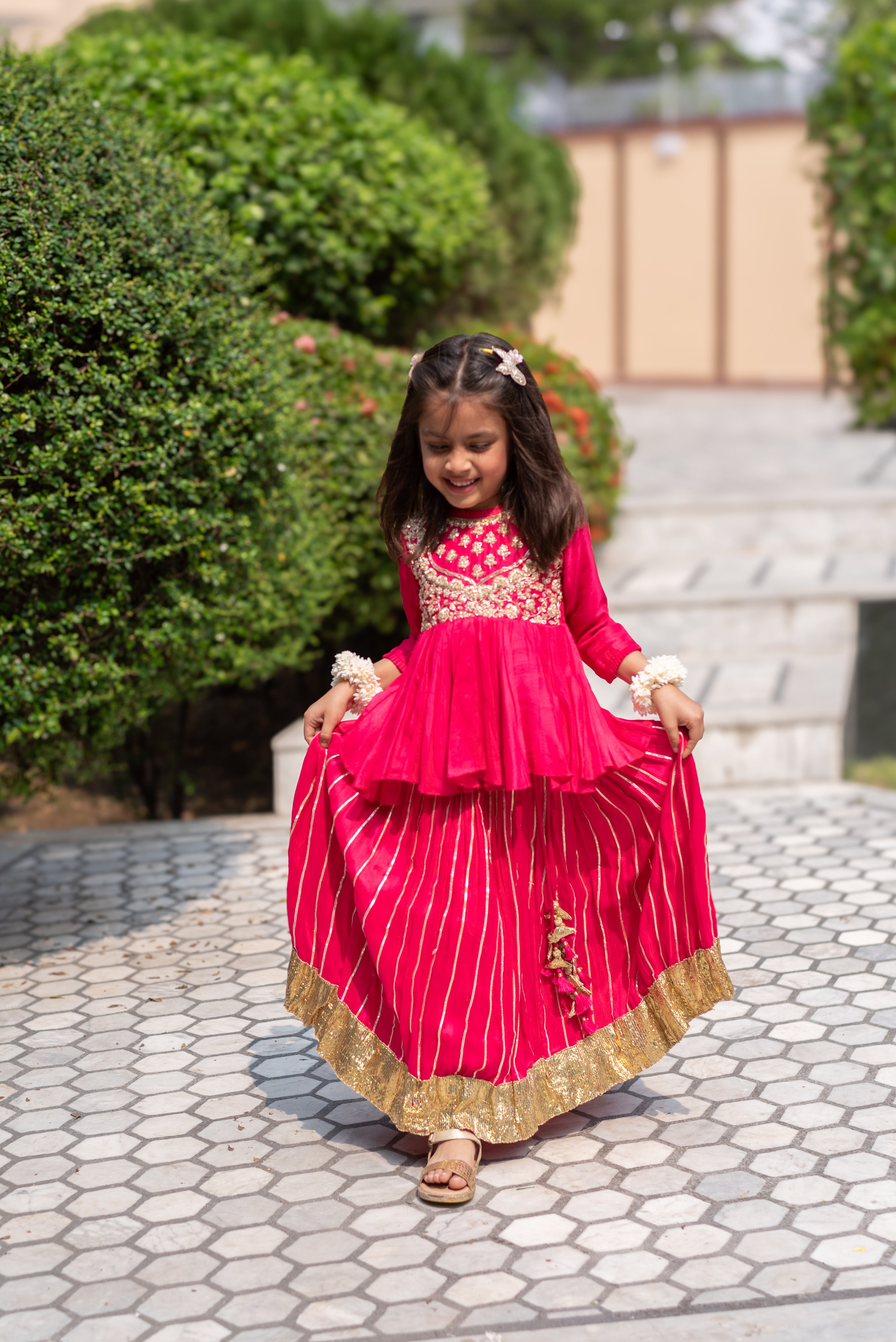 Hot Pink Heavy Embroidered Peplum And Gota Line Ghagara