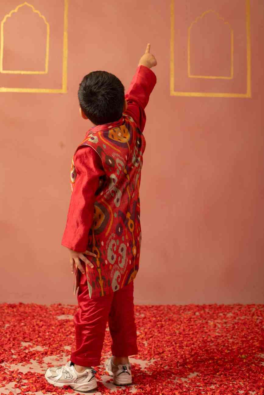 Red Printed ikat Jacket Set
