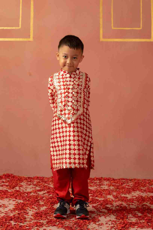 Red Mirror Printed Kurta Set