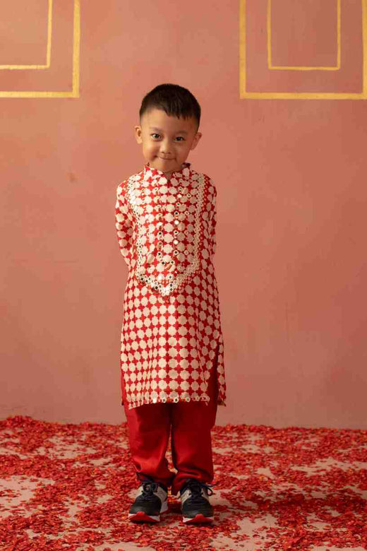Father's - Red Mirror Printed Kurta Set