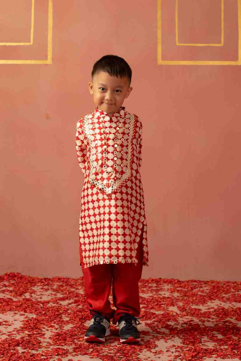Red Mirror Printed Kurta Set