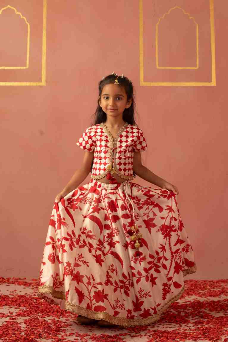 Red Floral Top and Ghaghra