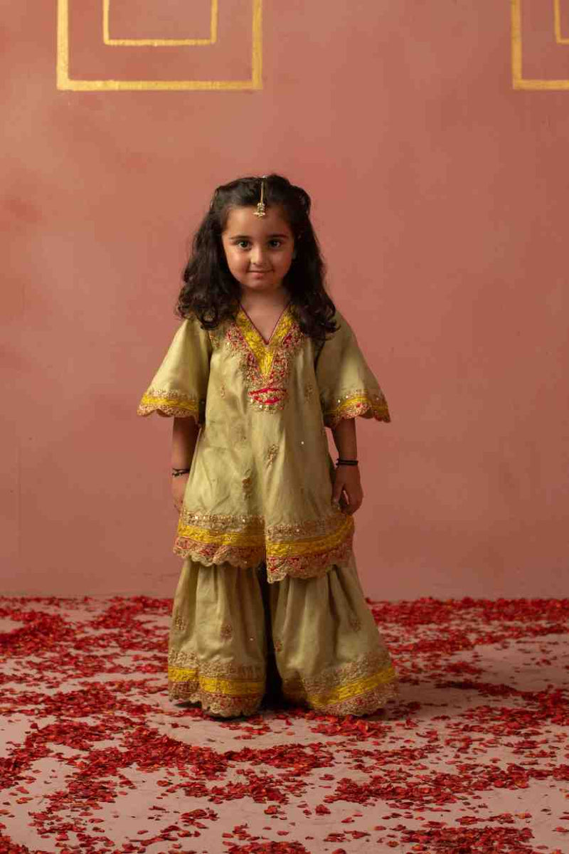 Pista Applique Kurta Sharara