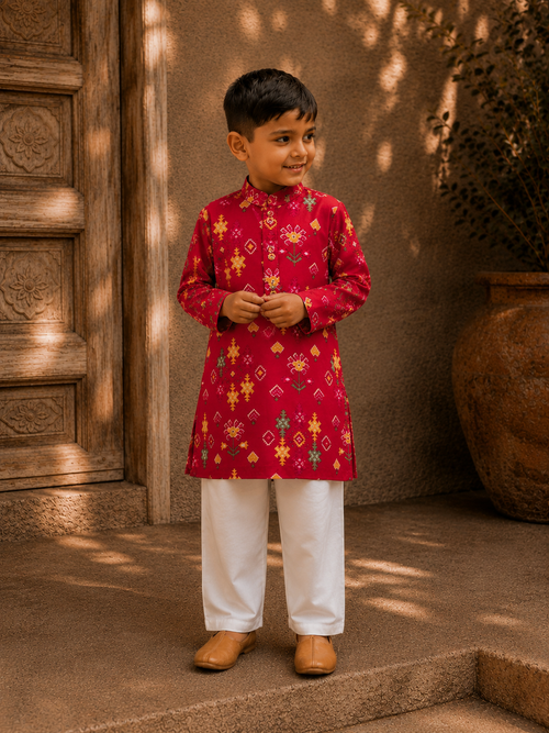 Red Printed Patola kurta pj