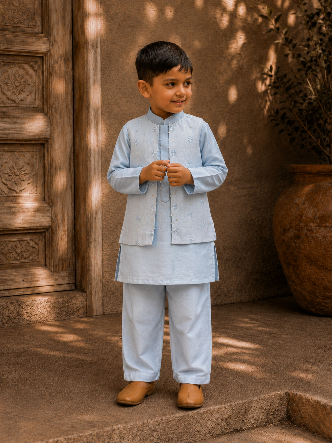 Blue Lakhnavi Attached Jacket Set
