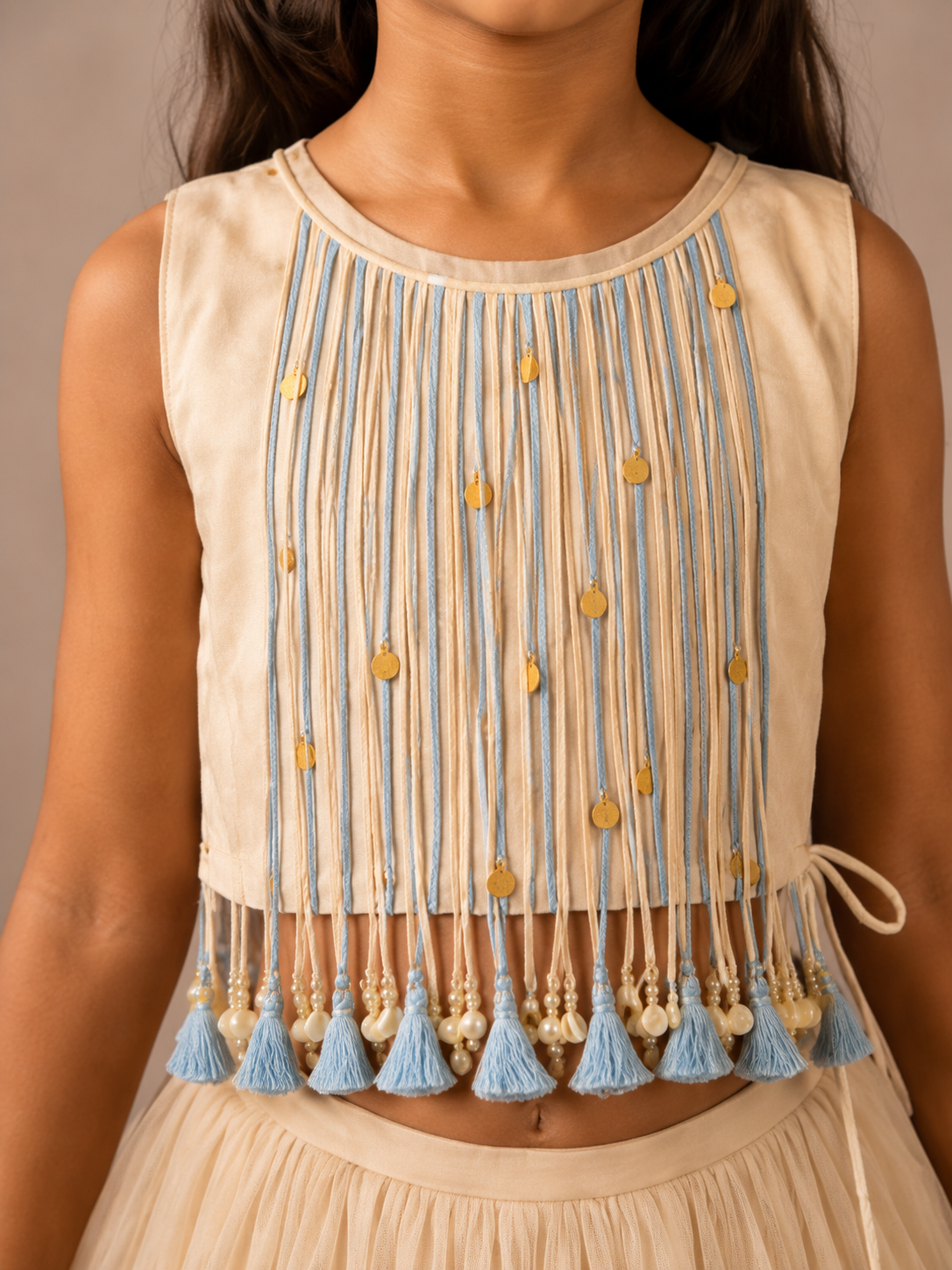 Cream and blue Tassels Appliqué Lehenga