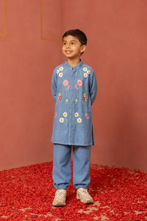 Denim Embroidered Kurta Pj