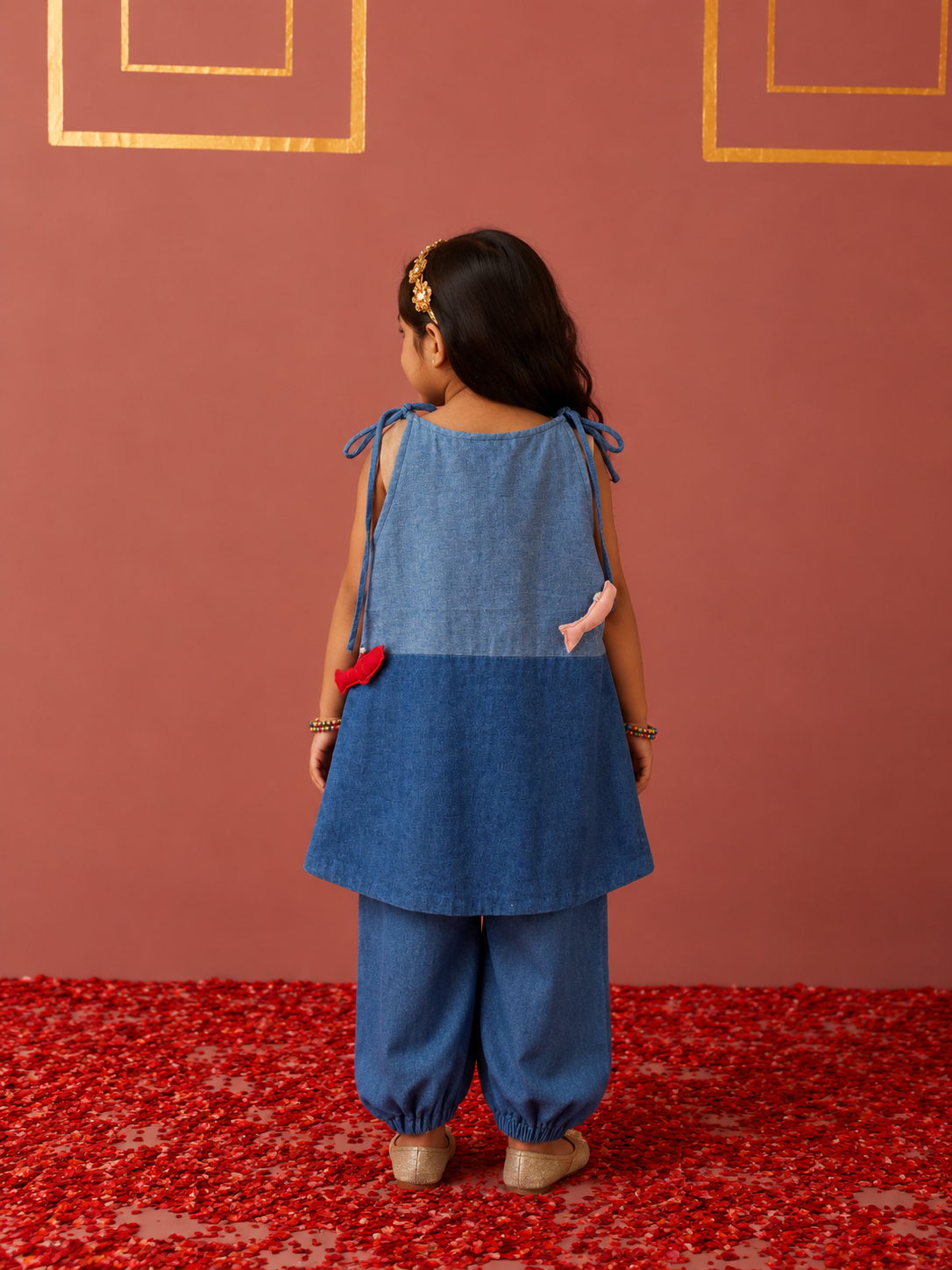 Denim Fish Embroidered Tunic Set