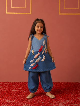 Denim Fish Embroidered Tunic Set