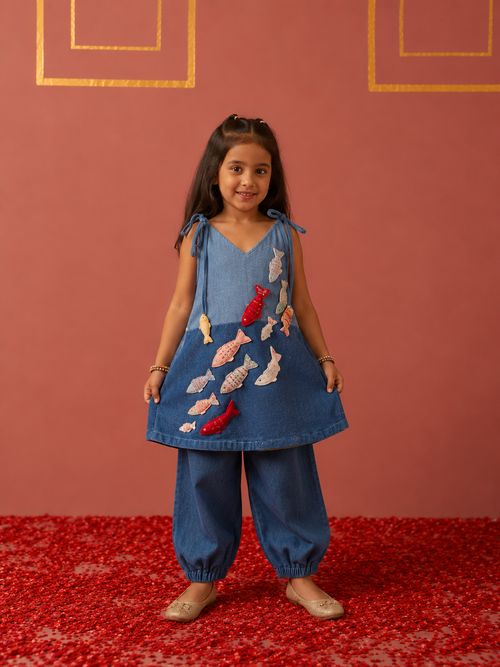 Denim Fish Embroidered Tunic Set