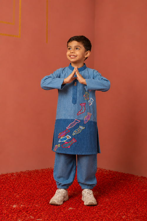 Denim Fish Embroidered Kurta set
