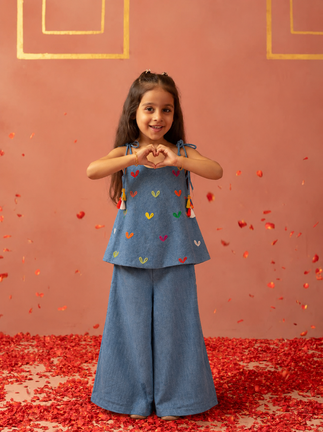 Denim Hearts Embroidered Top and Pants