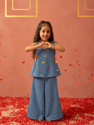 Denim Hearts Embroidered Top and Pants