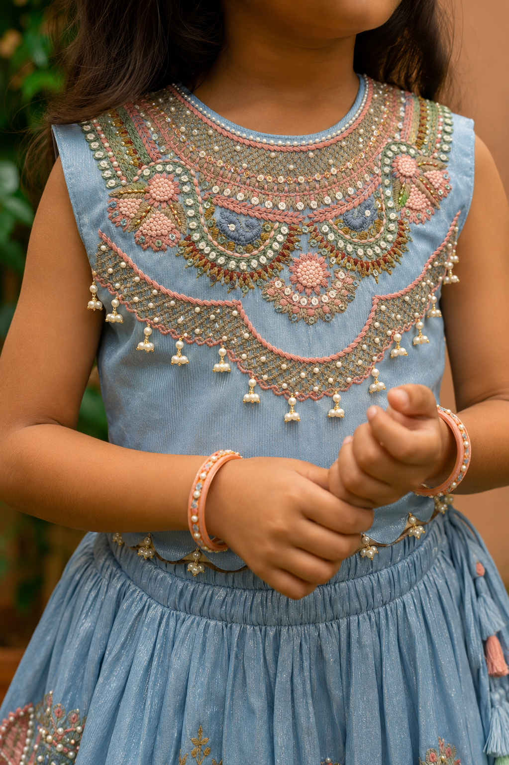 Blue thread and Moti Lehenga