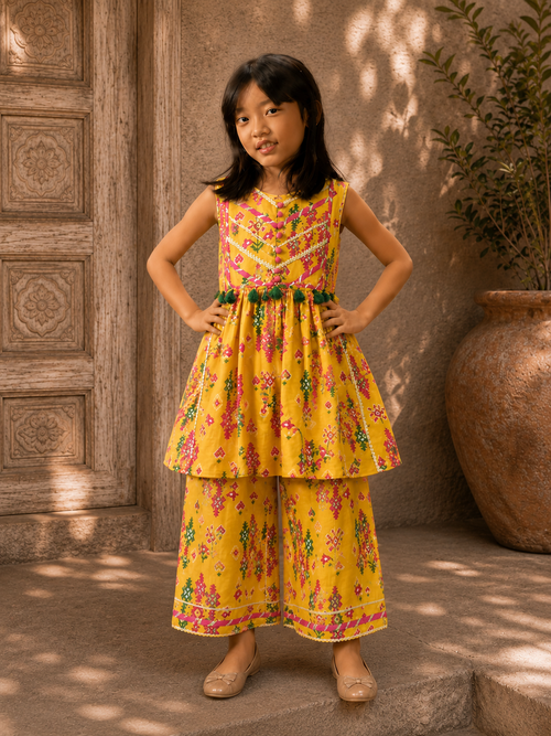Yellow Patola Peplum Kurta and Pants