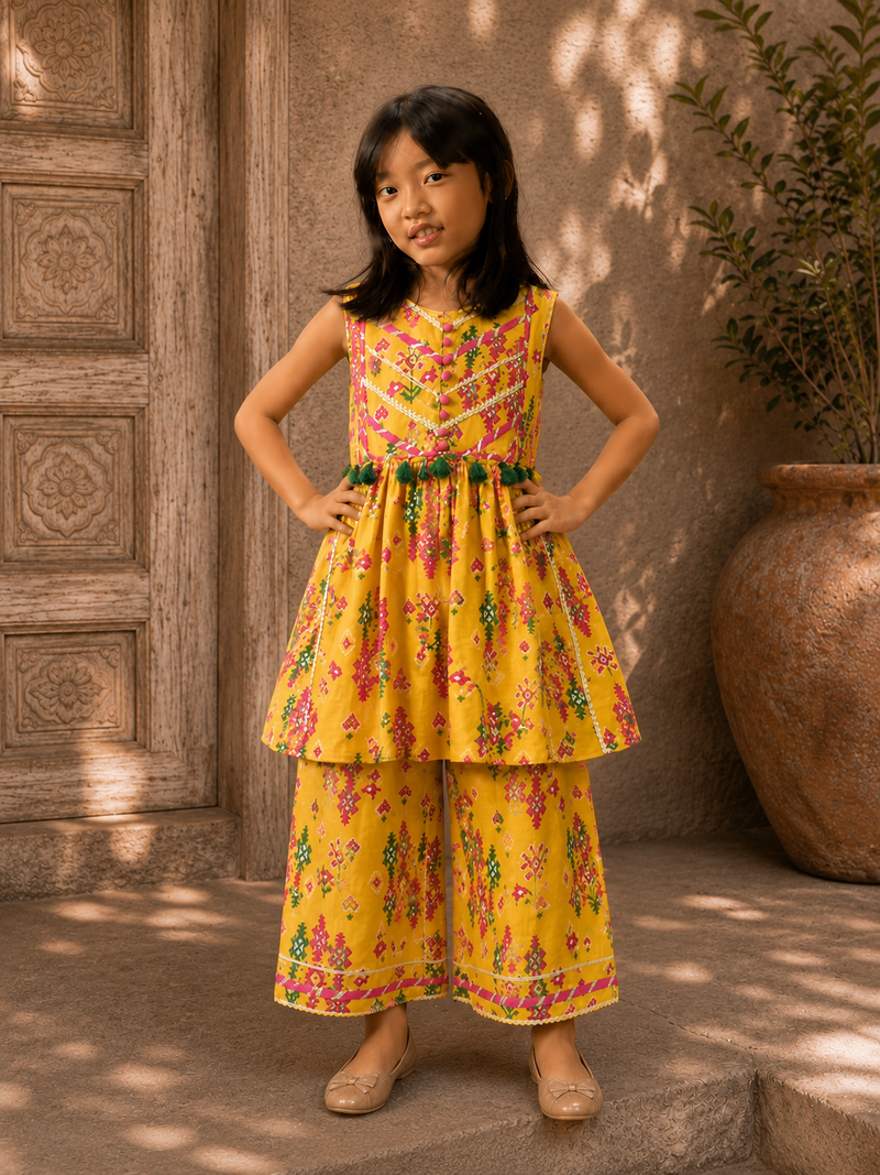 Yellow Patola Peplum Kurta and Pants