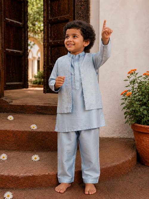 Blue Lakhnavi Attached Jacket Set