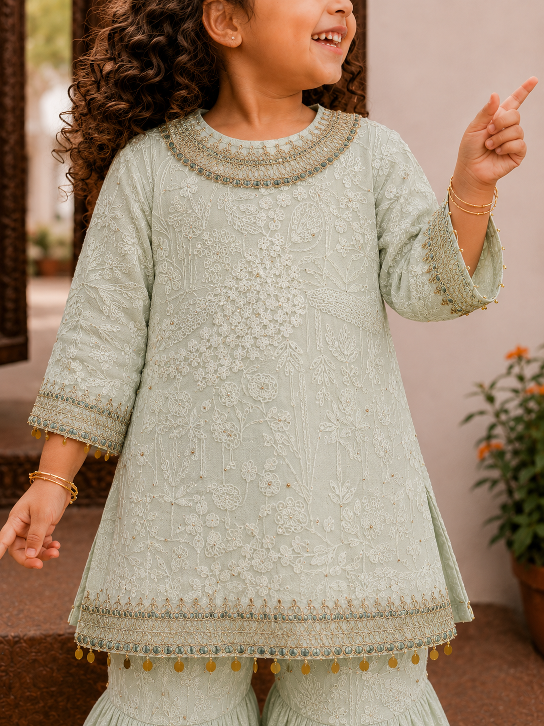 Baby Mint Green Lakhnavi Kurta Set