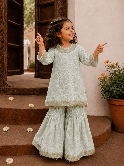 Baby Mint Green Lakhnavi Kurta Set