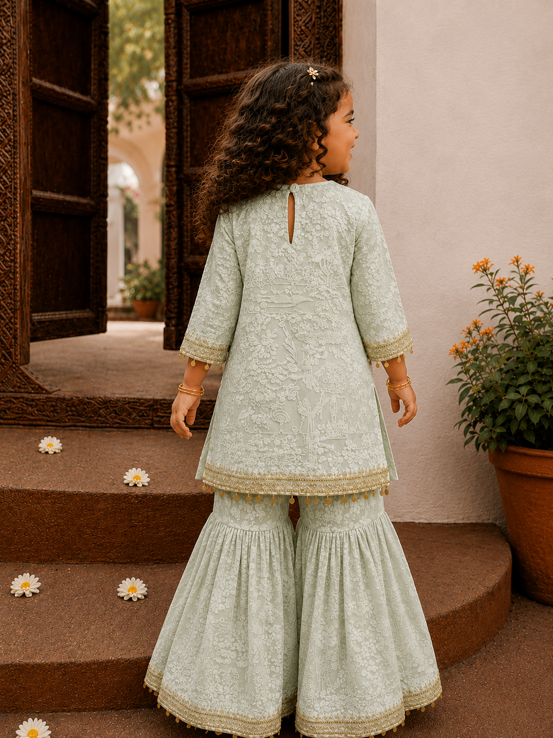 Baby Mint Green Lakhnavi Kurta Set
