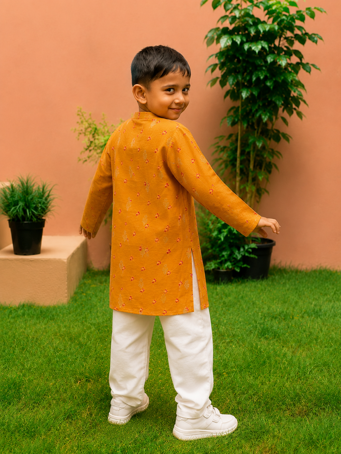 Mustard Bandhej Kurta Pj