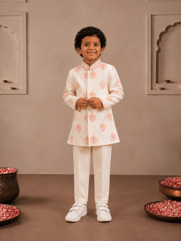 Cream and Pink Thread work Sherwani