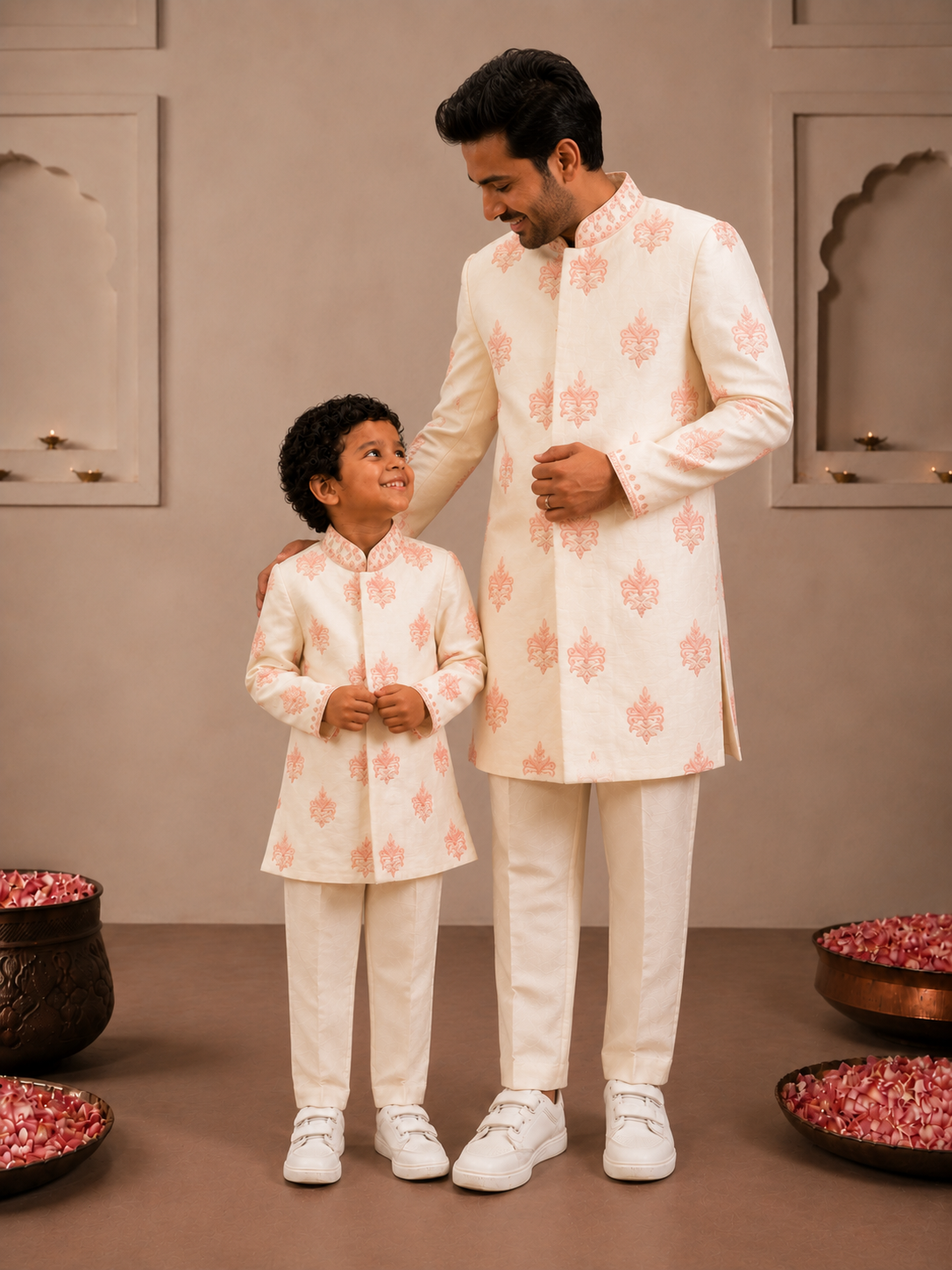 Cream and Pink Thread work Sherwani