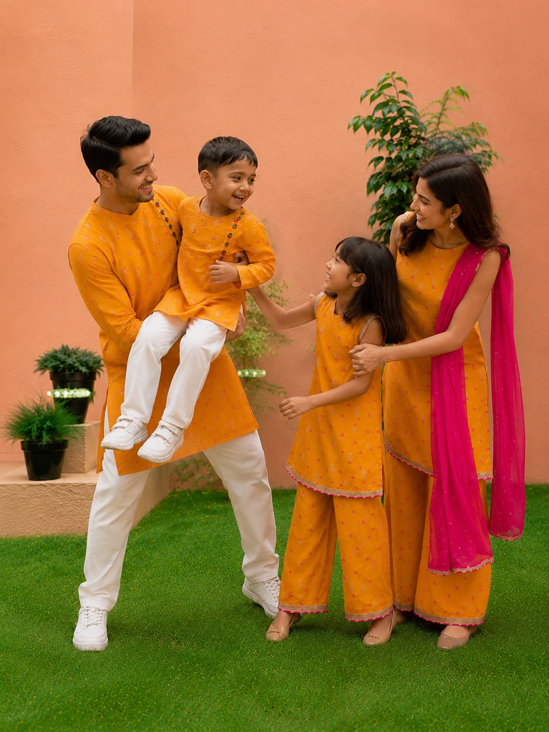 Mustard Bandhej Kurta Pj