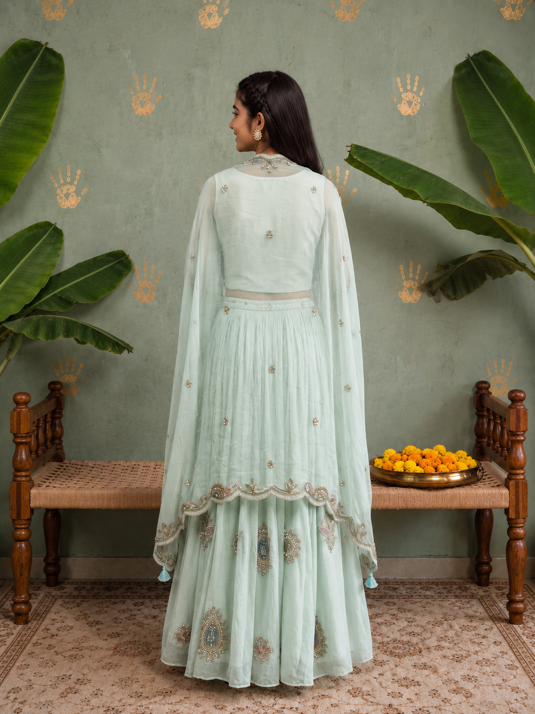 Mint lehenga Blouse and Cape