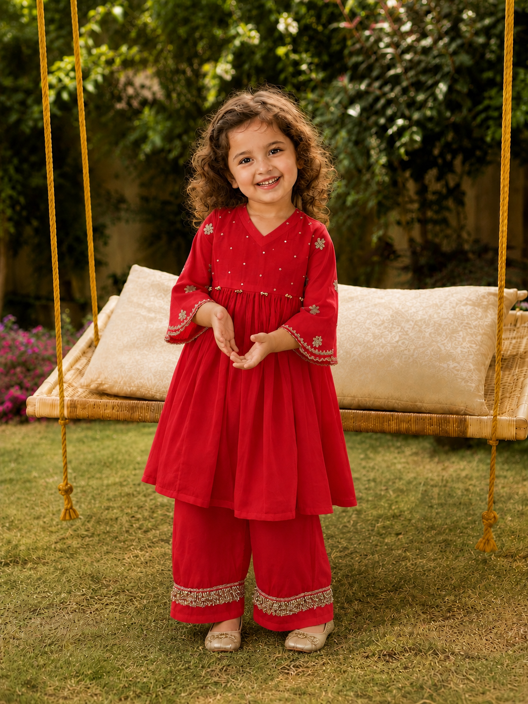 Red embroidered peplum kurta pants and potli