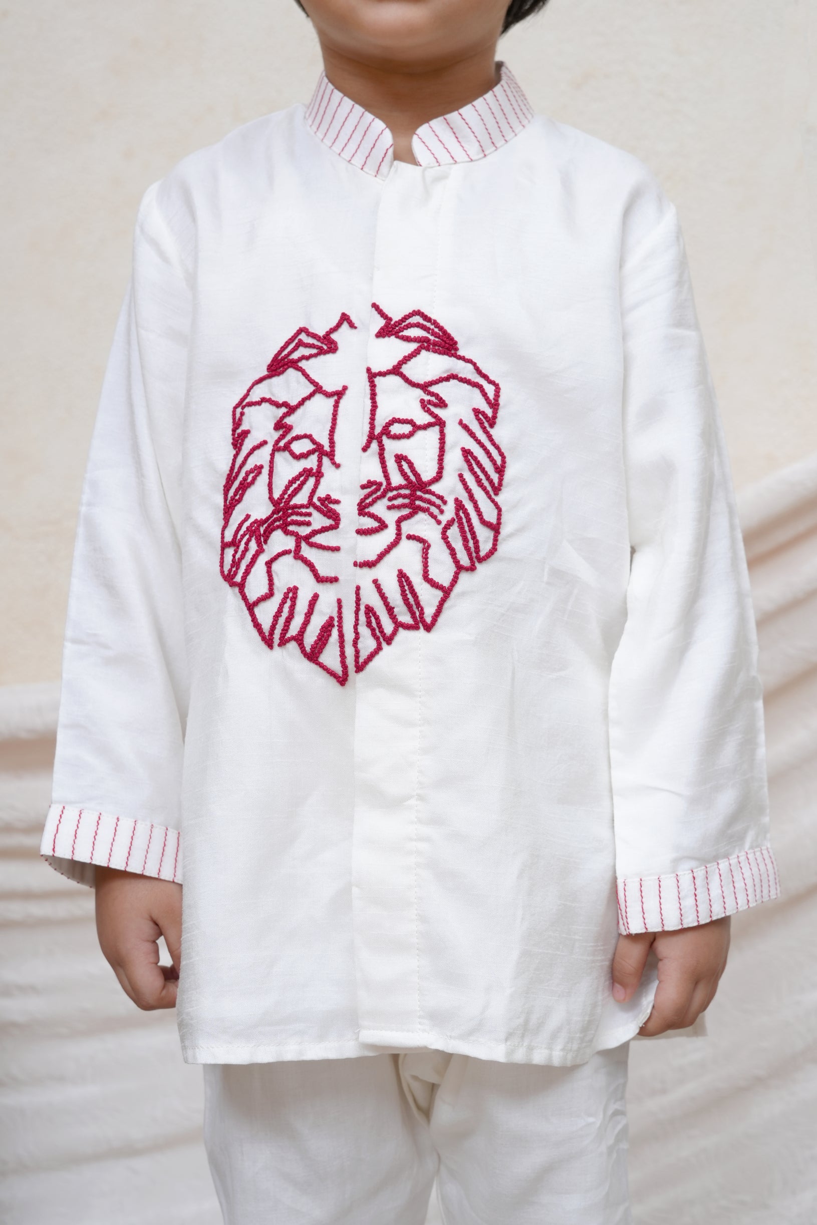 Cord Lion Embroidered Off White Kurta and Pant