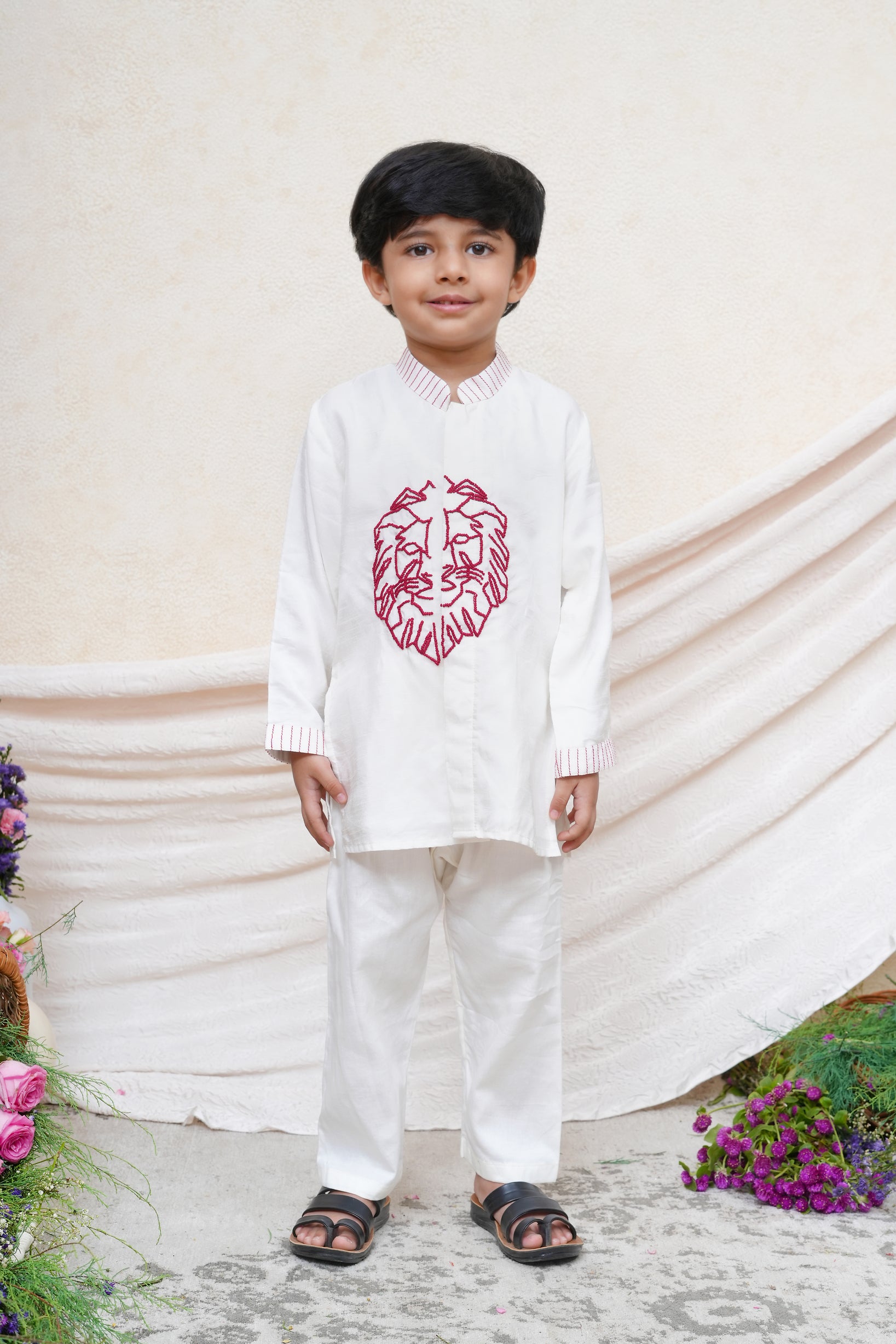Cord Lion Embroidered Off White Kurta and Pant