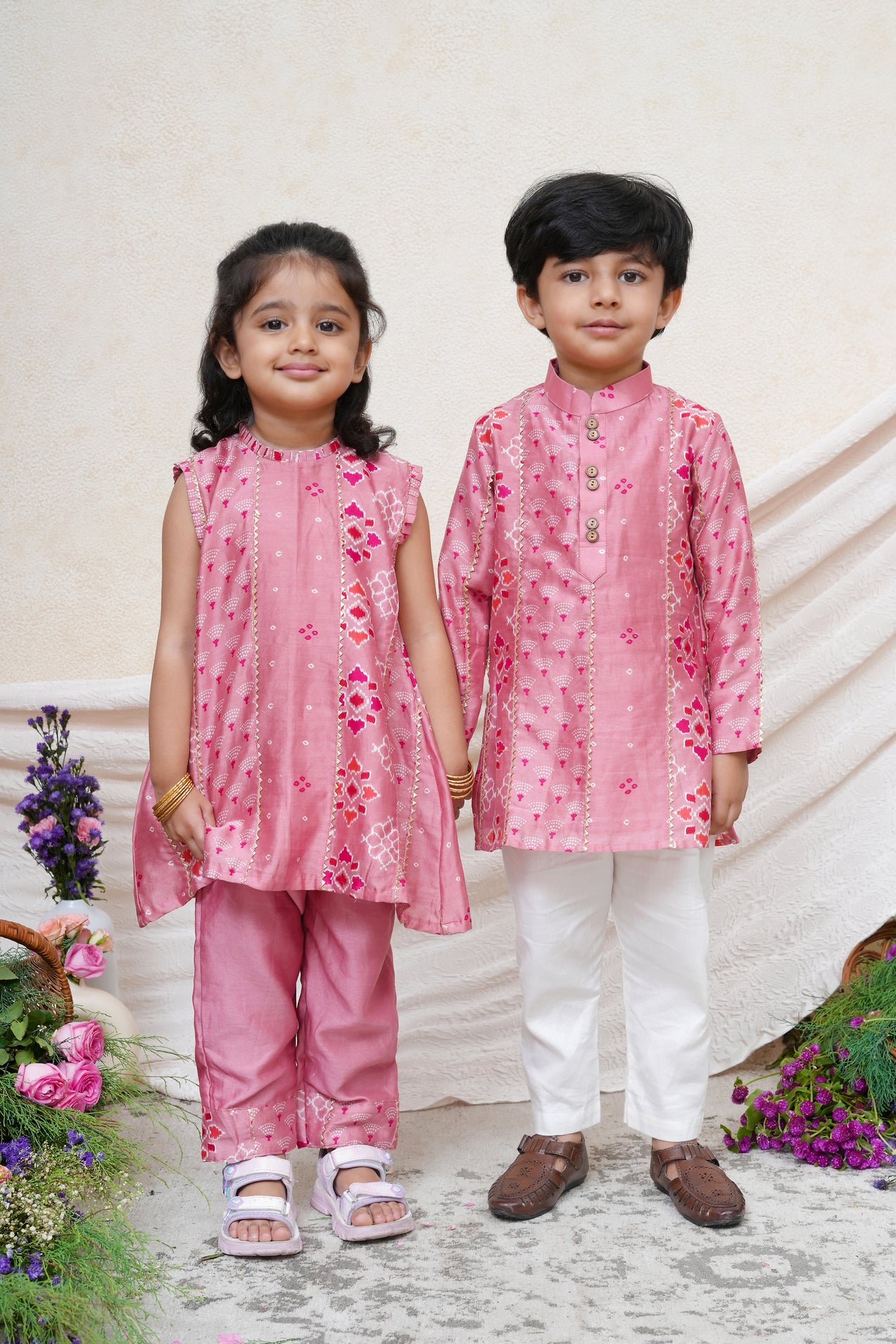 Dust Pink Printed Chanderi Gota Lace Kurta and Pant