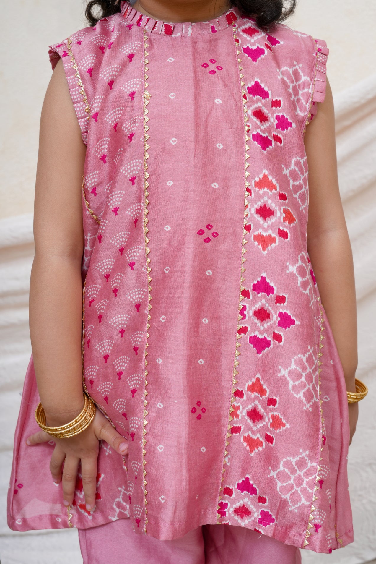 Dust Pink Chanderi Printed Gota Lace Embroidered Kurta and Pant