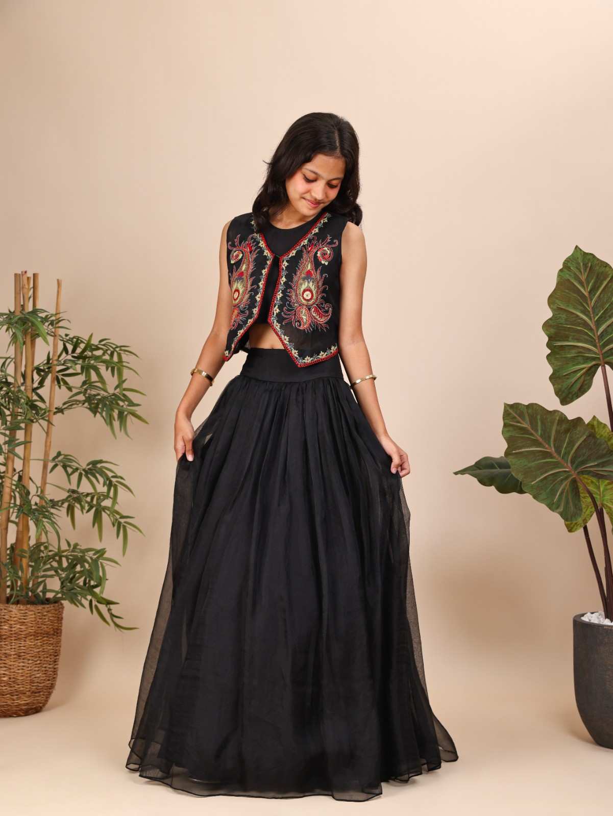 Black Jacket Style Blouse and Ghagara For Teenagers