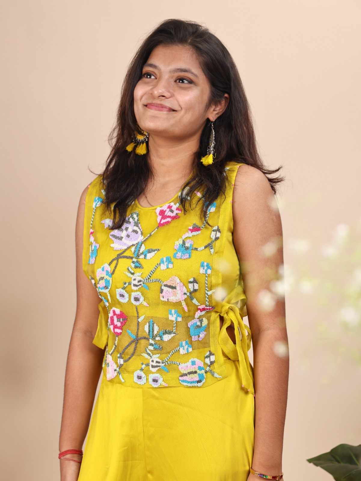 Lime Green Beads Floral Top with Flared Pants For Teenagers