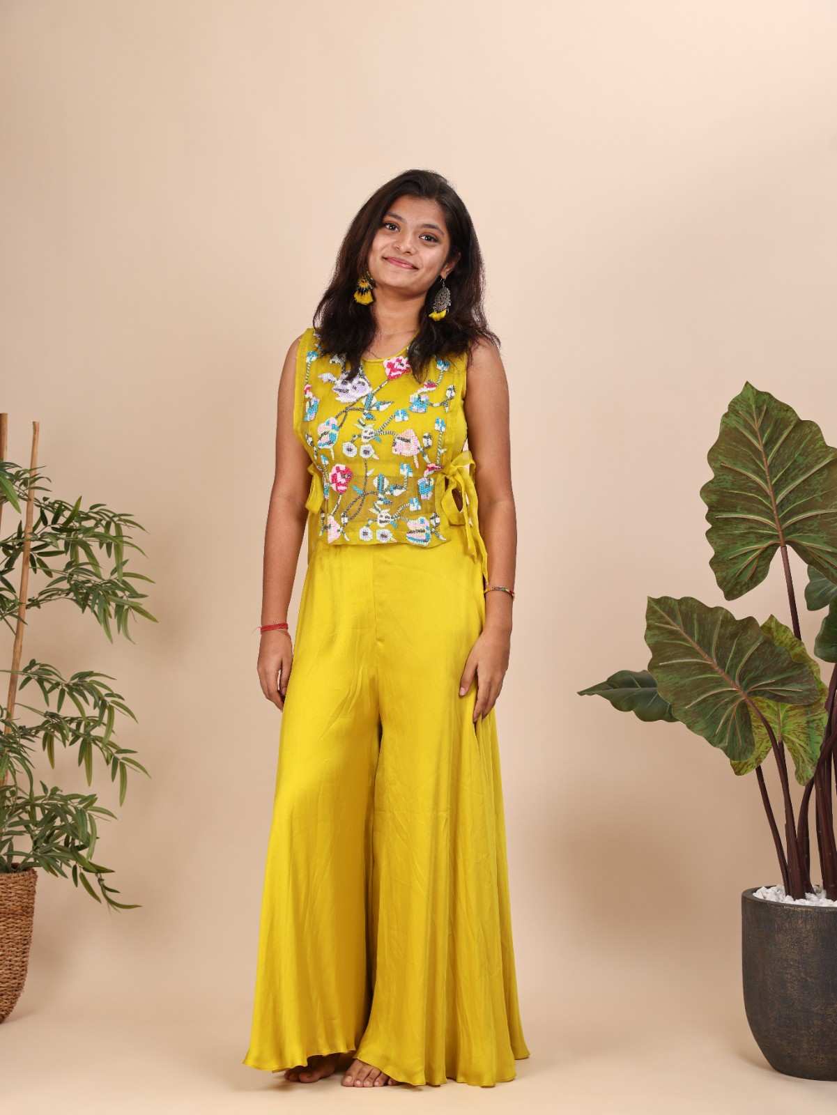 Lime Green Beads Floral Top with Flared Pants For Teenagers