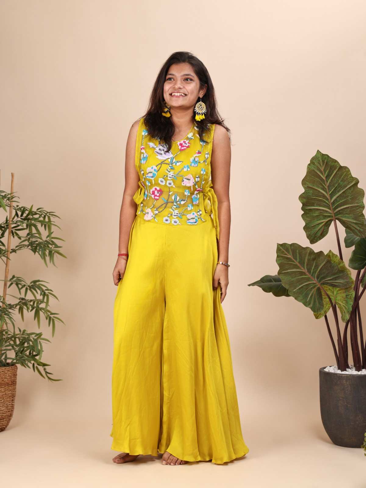 Lime Green Beads Floral Top with Flared Pants For Teenagers