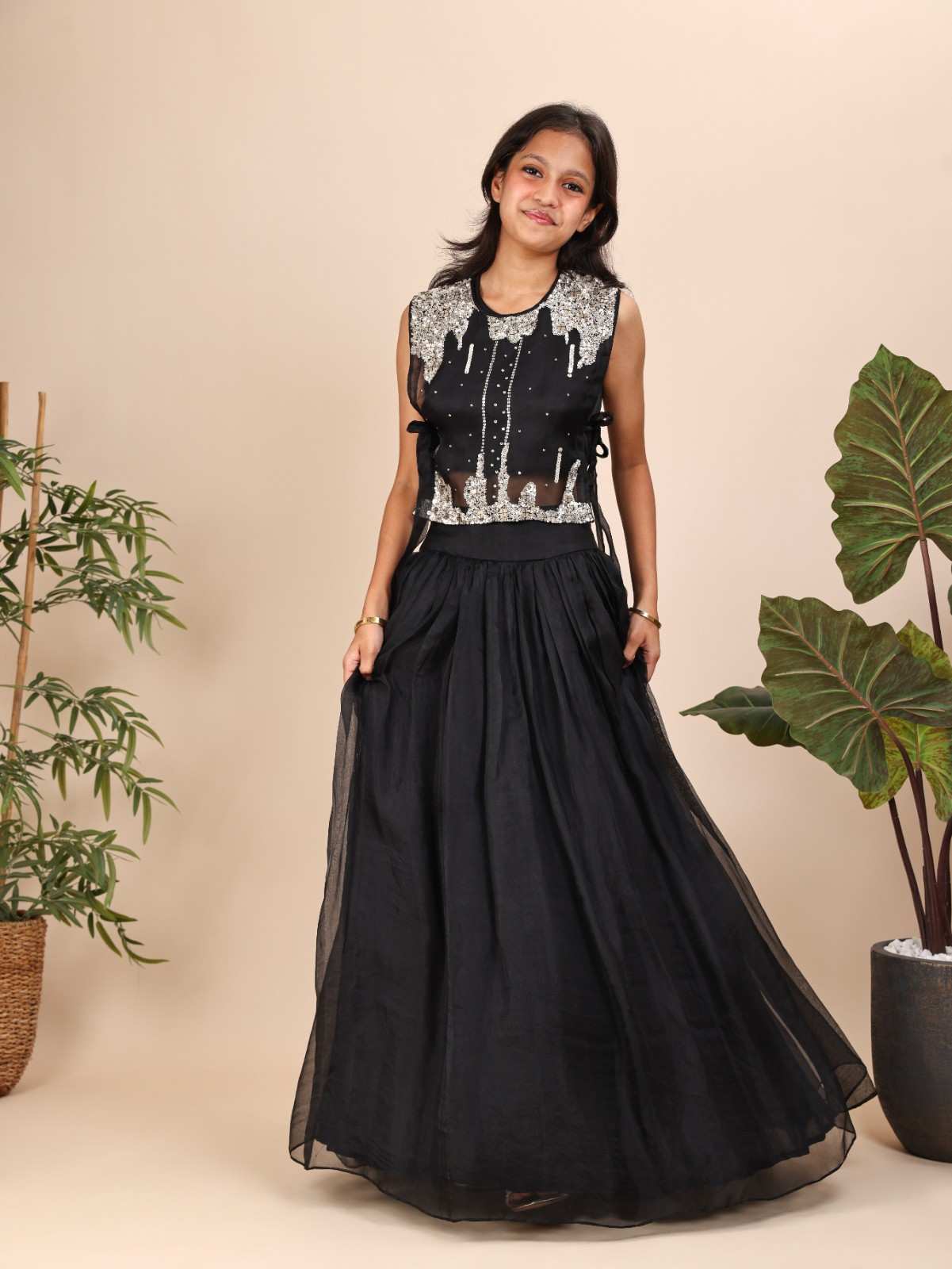 Black Sequins Bib Ghagara Set For Teenagers