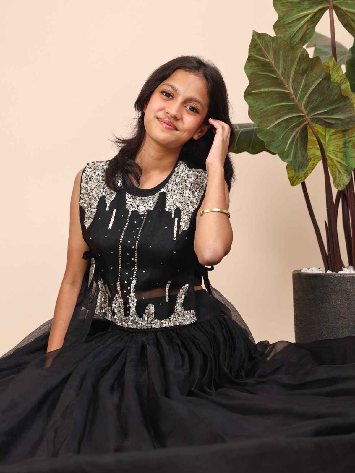 Black Sequins Bib Ghagara Set For Teenagers