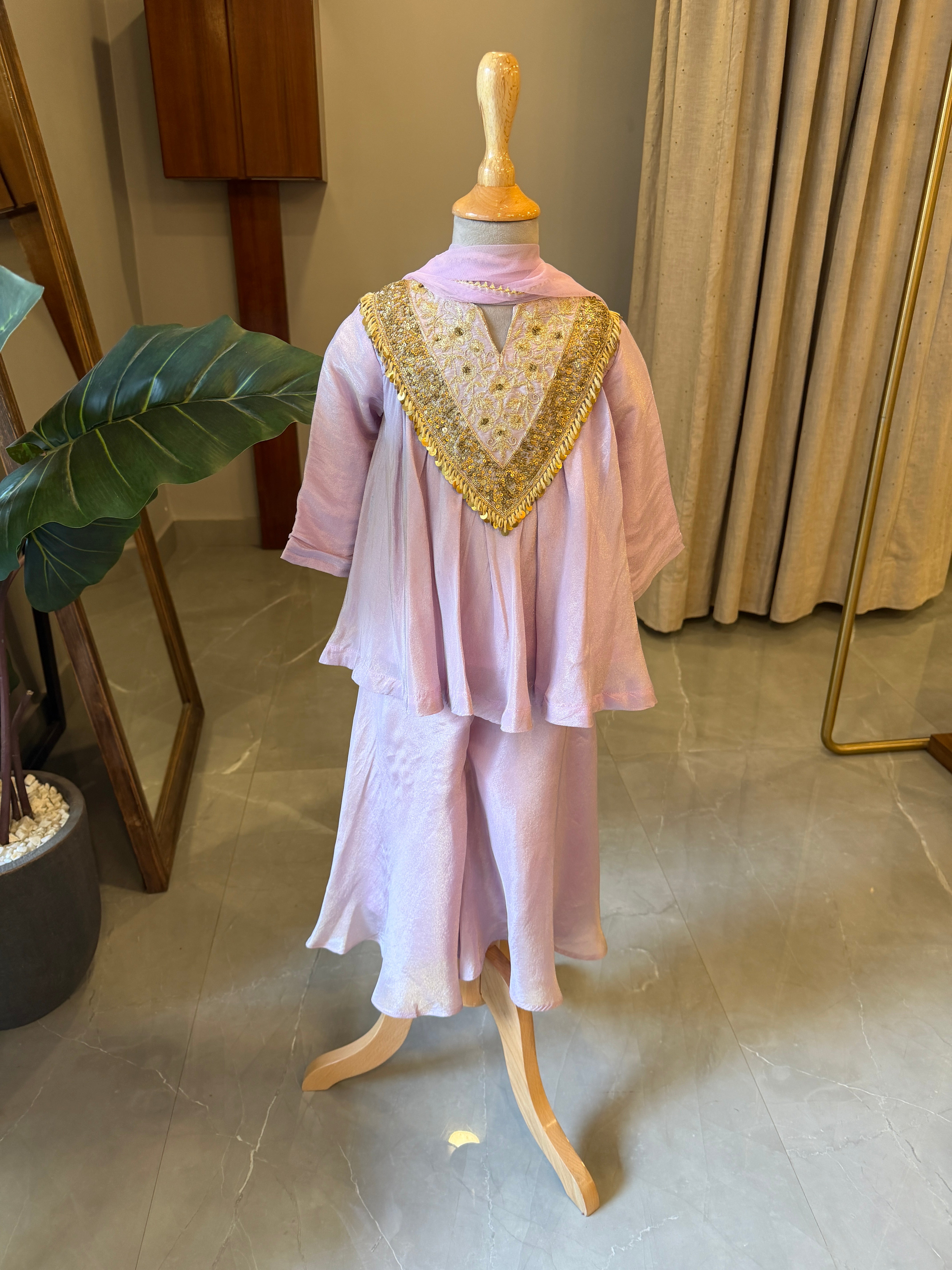 Lavender Sequin Embellished Top With Flared Palazzo with dupatta