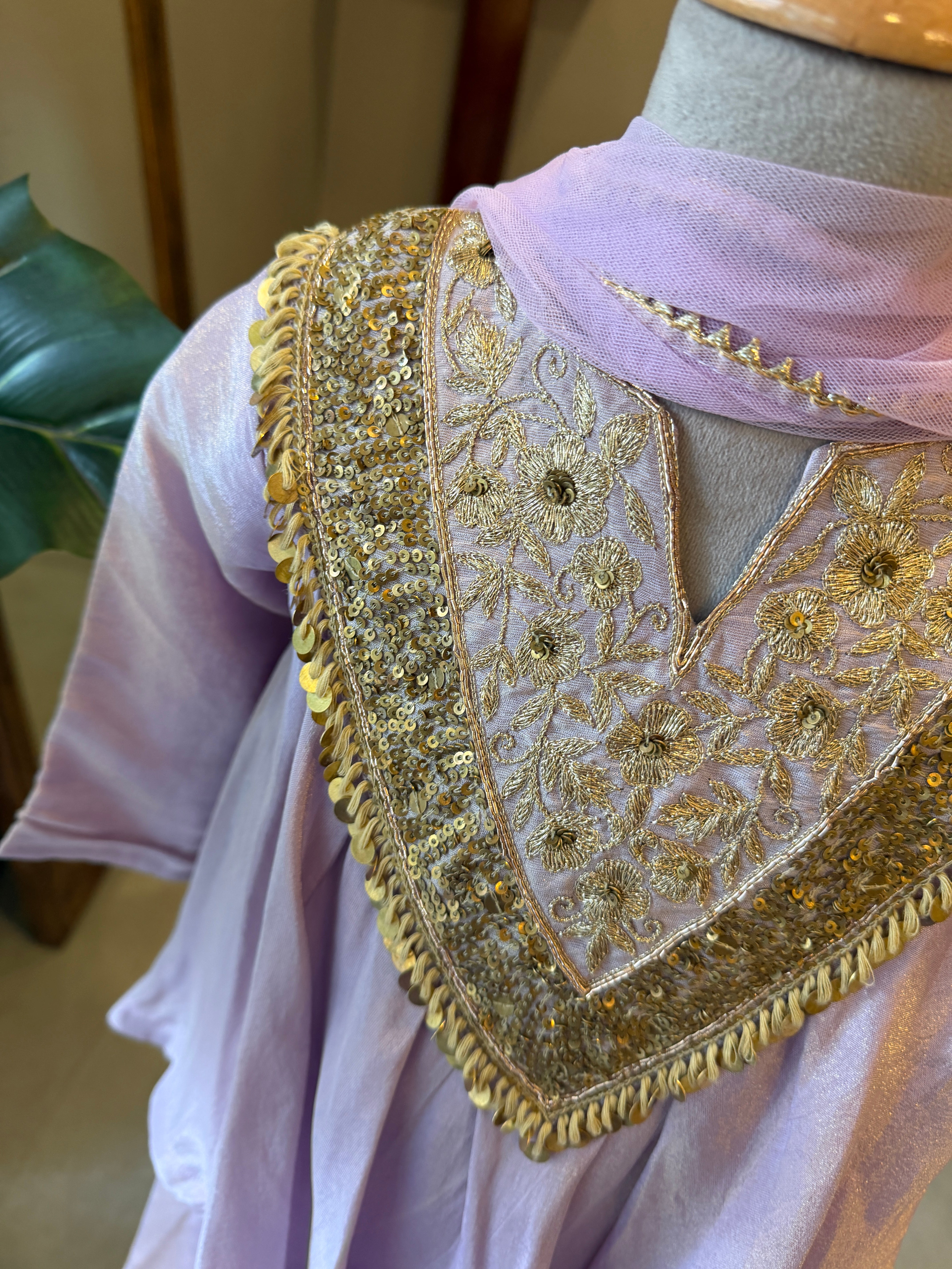 Lavender Sequin Embellished Top With Flared Palazzo with dupatta
