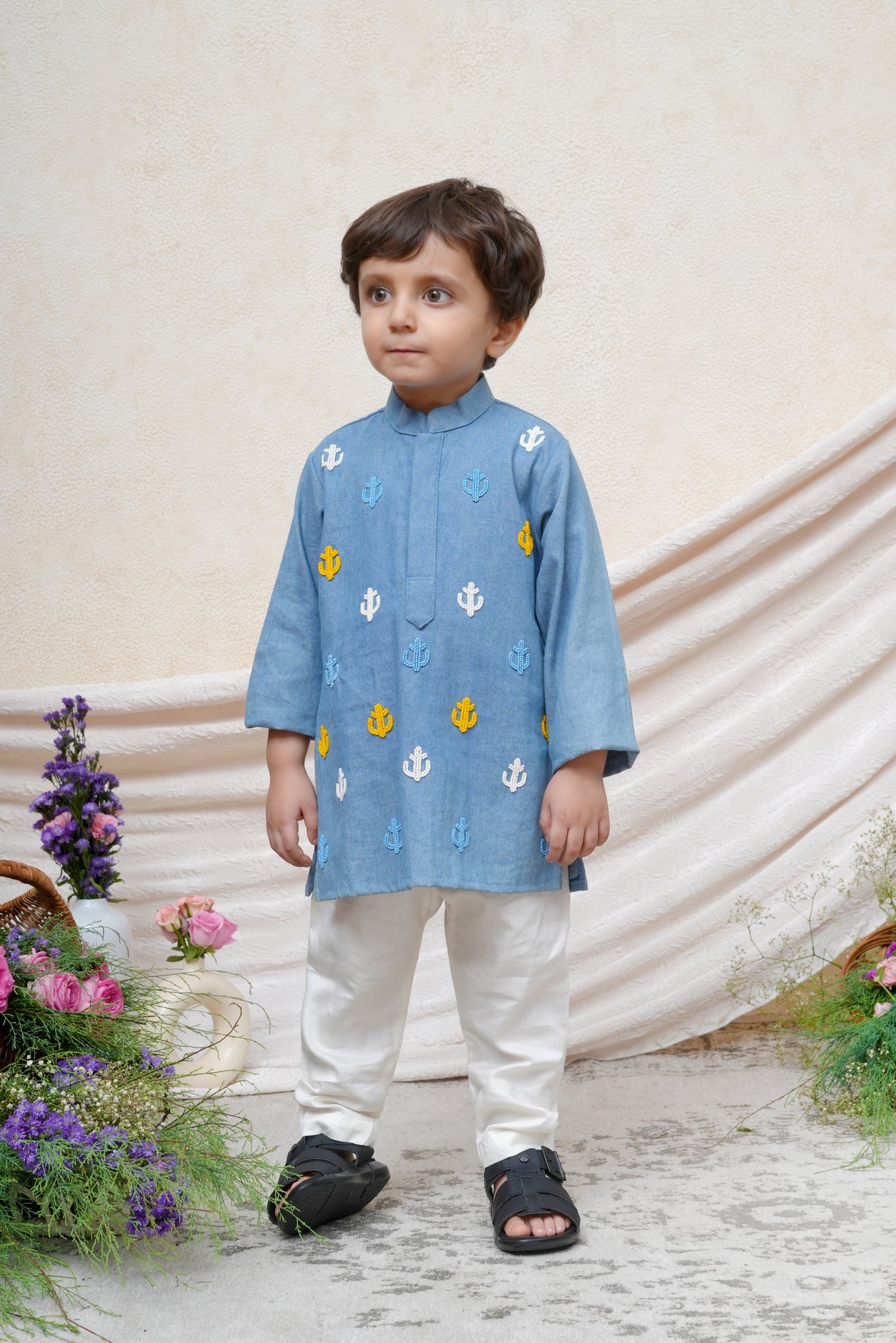 Beads Embroidered Denim Kurta and Pant